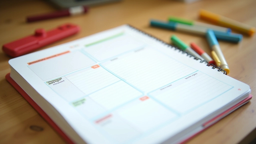 Zbliżenie na kolorowy notatnik z ułożonymi liskami na dni tygodnia i małymi ikonkami posiłków