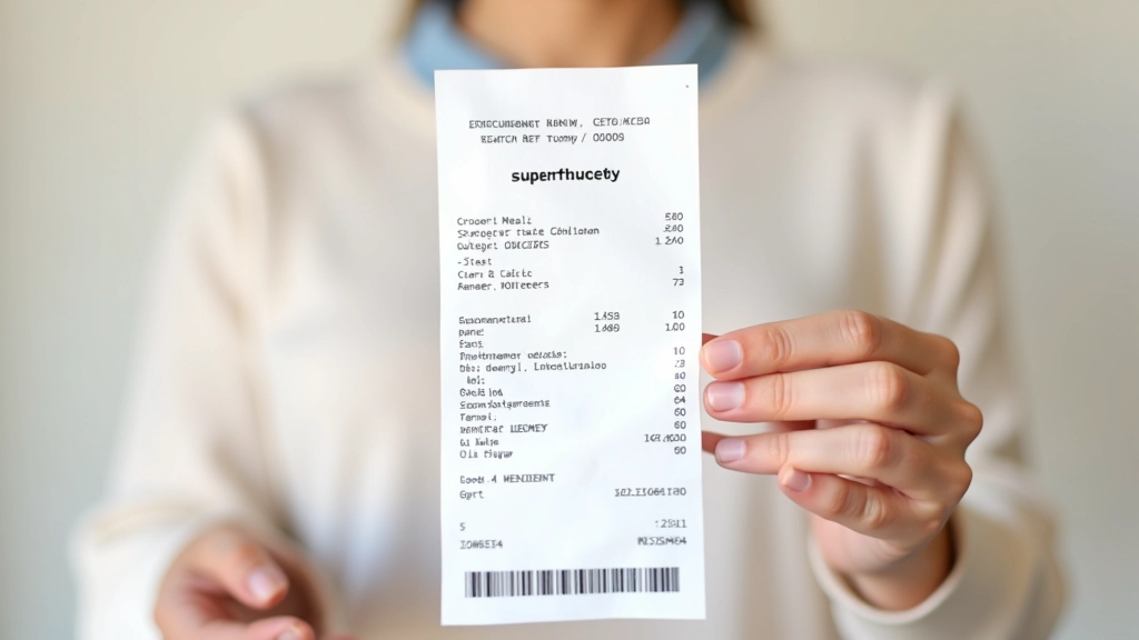 Zbliżenie na paragon zakupowy z kodami kreskrowymi i cenami, leżący na białym stole