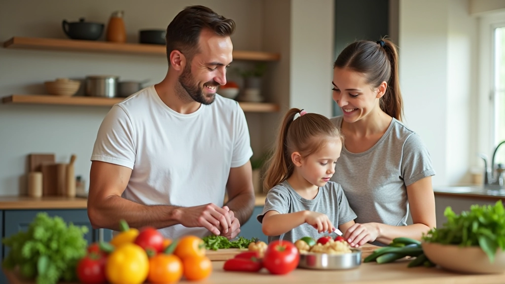 Rodzina przygotowująca posiłki w nowoczesnej kuchni, wszyscy zaangażowani w proces gotowania
