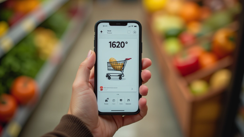 Ekran smartfona pokazujący aplikację sklepową z ikonami promocji i listą produktów