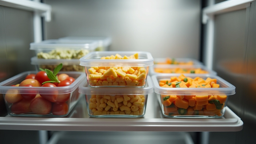 Pojemniki z przygotowanymi posiłkami na półce w lodówce, gotowe do podgrzania