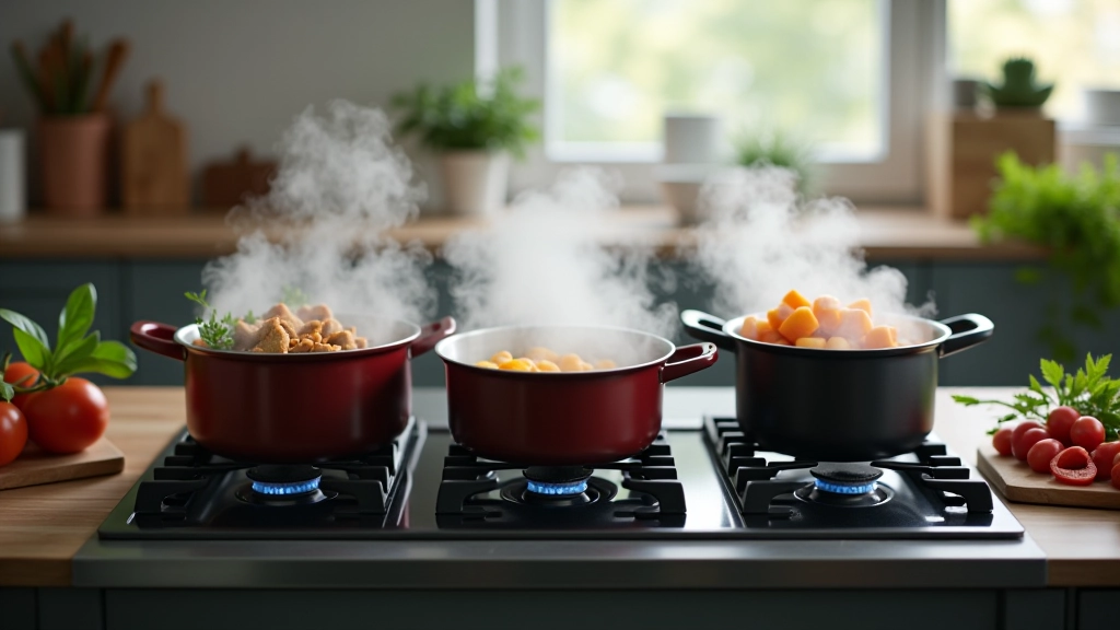Trzy garnki na kuchence gazowej jednocześnie, gotowanie równoległe