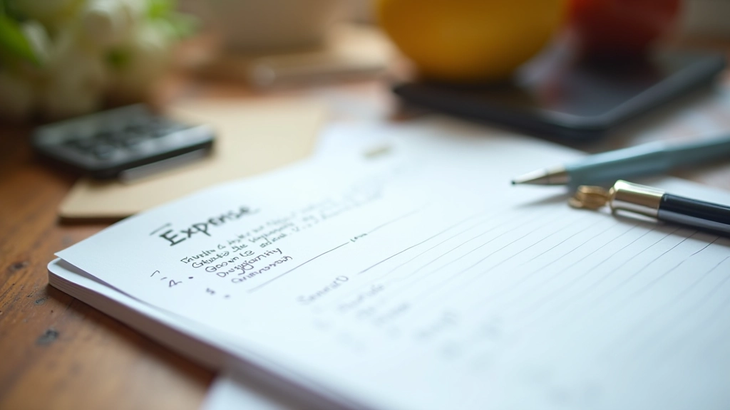 Strona notatnika z tabelą śledzi wydatków na jedzenie, kalkulator i pióro