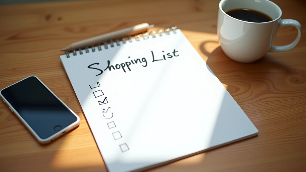 Otwarty notes z listą zakupów obok filiżanki kawy i smartfona na drewnianym biurku
