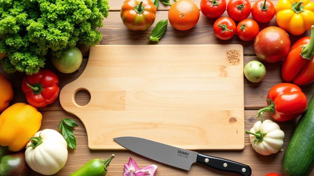 Widok z góry na stół z przyborami do gotowania — nóż, deska, składniki do przygotowania