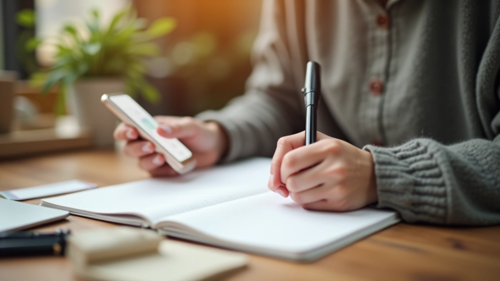 Osoba piszą listę zakupów w zeszycie obok telefonu z aplikacją, przy filiżance kawy