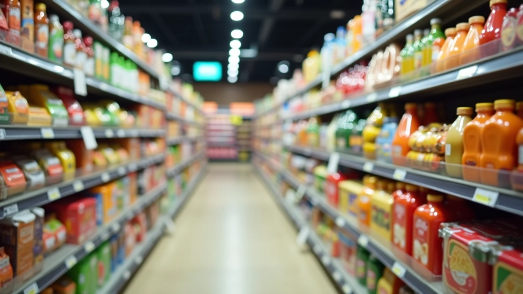 Półka w supermarkecie z różnymi produktami spożywczymi i różnymi cenami