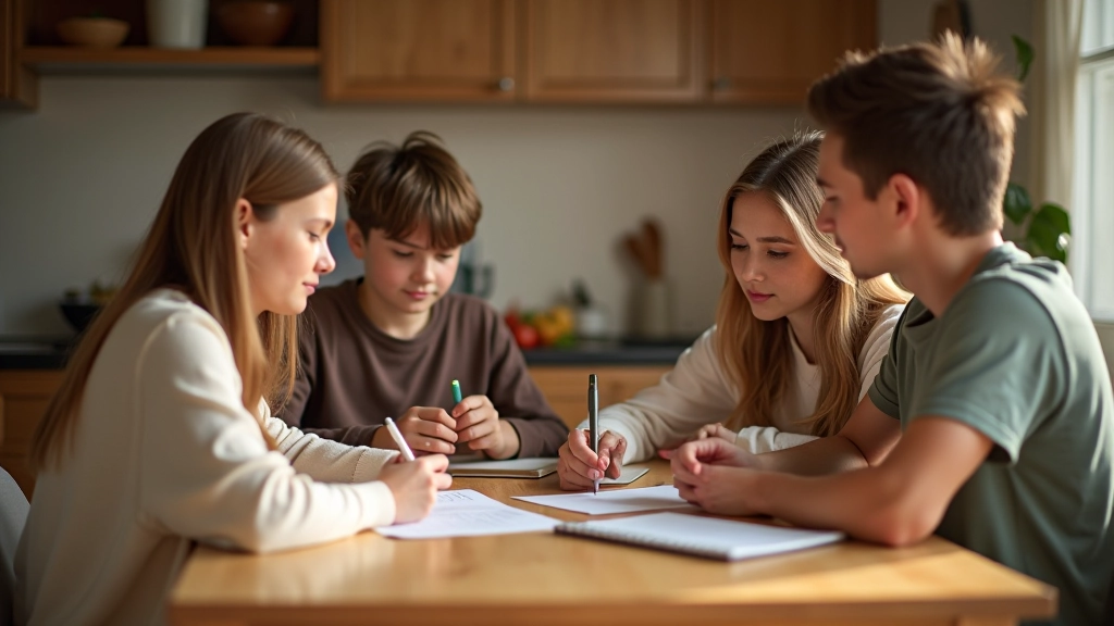 Rodzina siedząca przy kuchennym stole z przepisami i notatnikiem, planując wspólnie tygodniowe posiłki