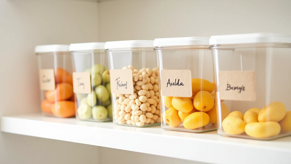 Plastikowe pojemniki do przechowywania żywności z napisami na przyklejonych etykietach