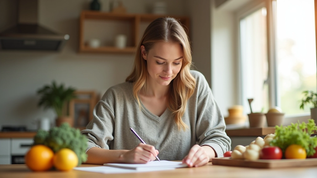 Kobieta przygotowująca listę zakupów przy kuchennym stole z tabletem i notatnikiem