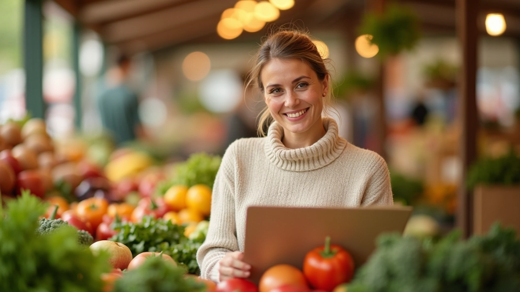 Kobieta z koszem pełnym świeżych warzyw na targu, trzymająca listę zakupów, jasne światło poranne